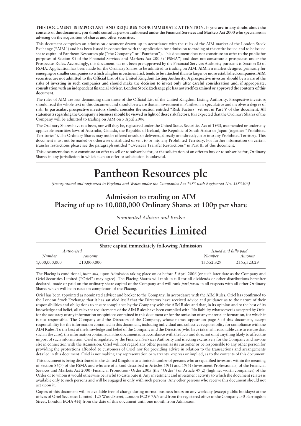 Pantheon Resources Plc Oriel Securities Limited