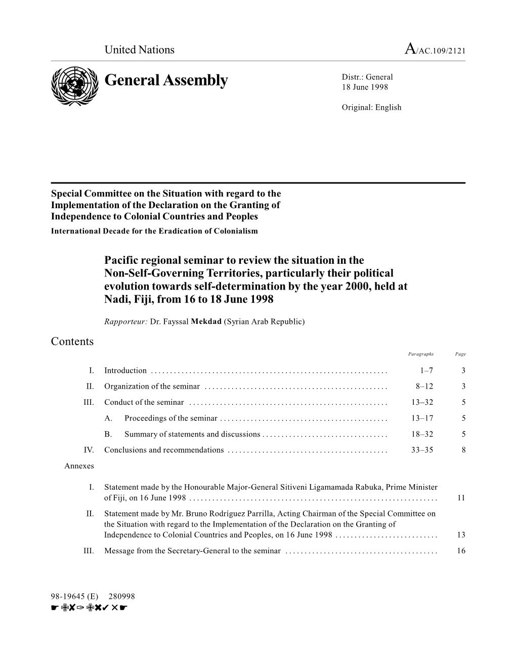 General Assembly 18 June 1998