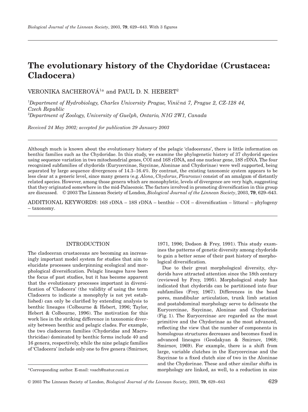 The Evolutionary History of the Chydoridae (Crustacea: Cladocera)