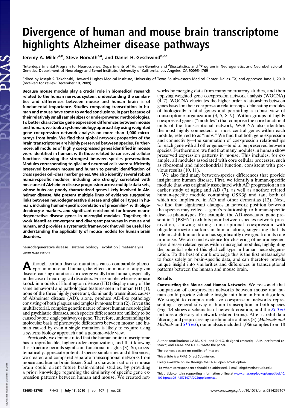 Divergence of Human and Mouse Brain Transcriptome Highlights Alzheimer Disease Pathways