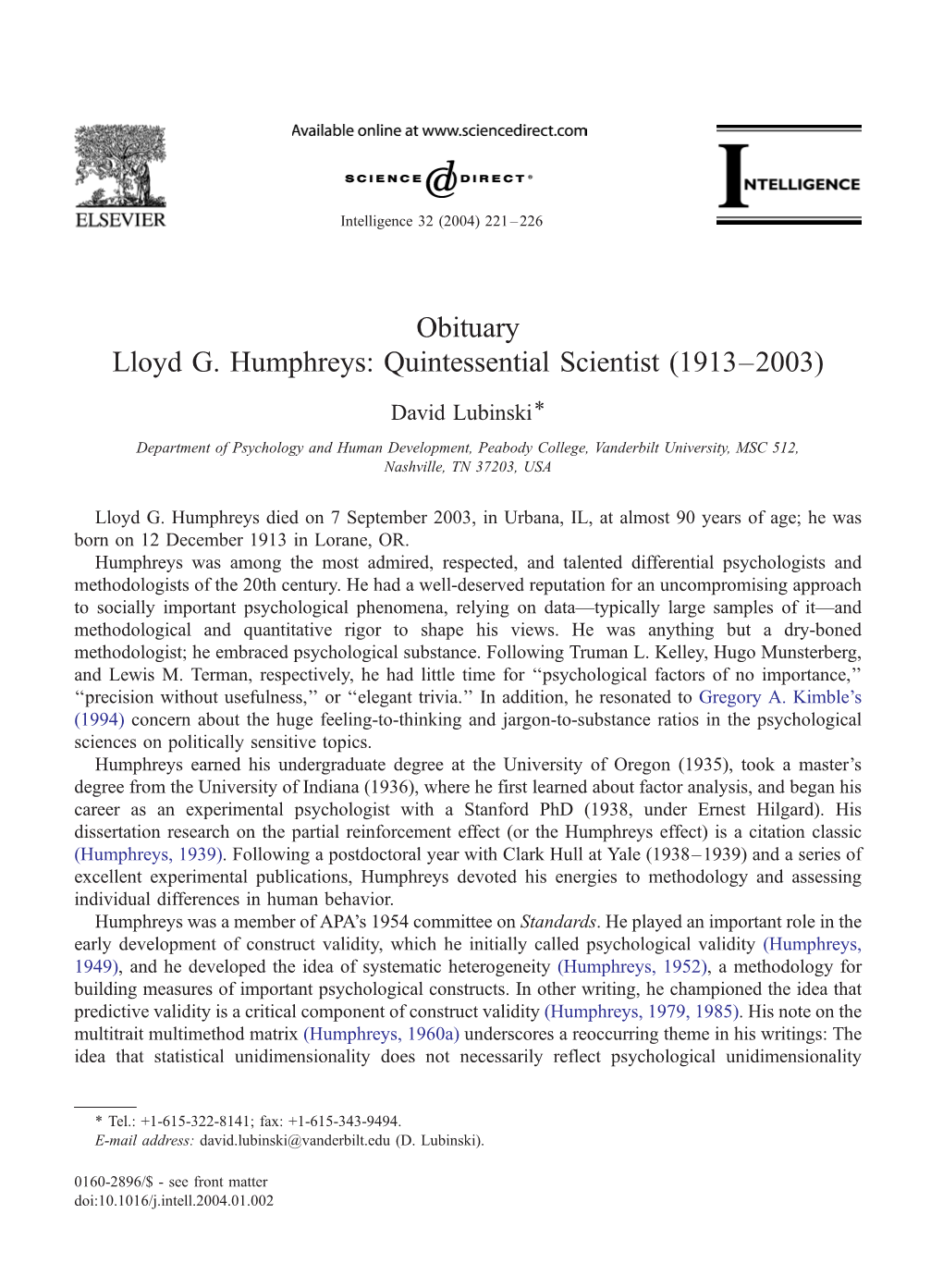Obituary Lloyd G. Humphreys: Quintessential Scientist (1913–2003)