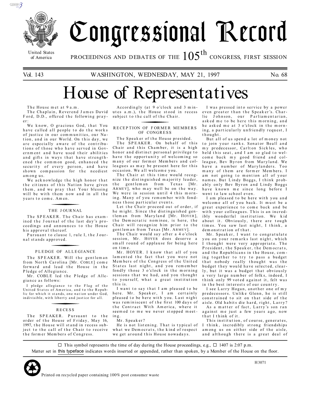 Congressional Record United States Th of America PROCEEDINGS and DEBATES of the 105 CONGRESS, FIRST SESSION