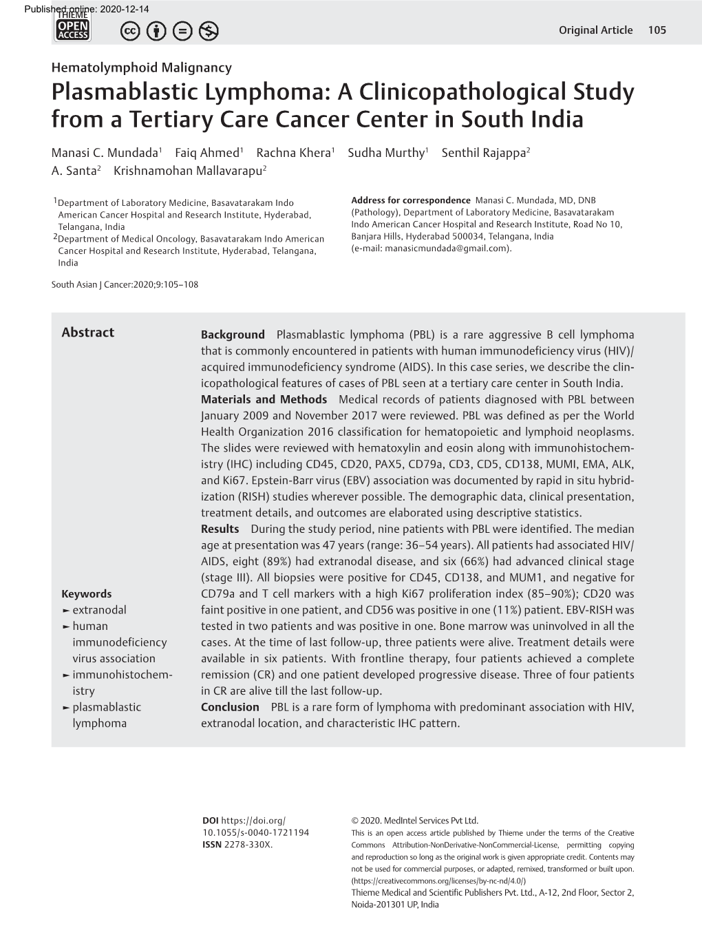 Plasmablastic Lymphoma: a Clinicopathological Study from a Tertiary Care Cancer Center in South India