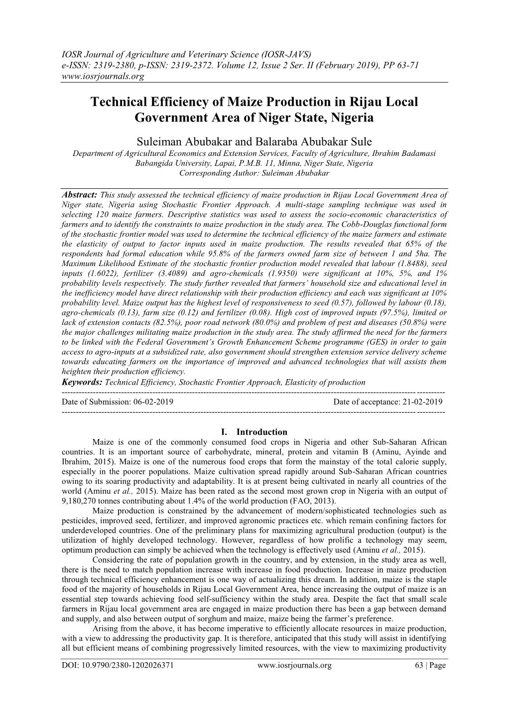 Technical Efficiency of Maize Production in Rijau Local Government Area of Niger State, Nigeria