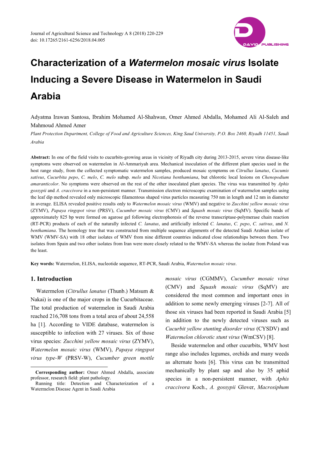 Characterization of a Watermelon Mosaic Virus Isolate Inducing a Severe Disease in Watermelon in Saudi Arabia