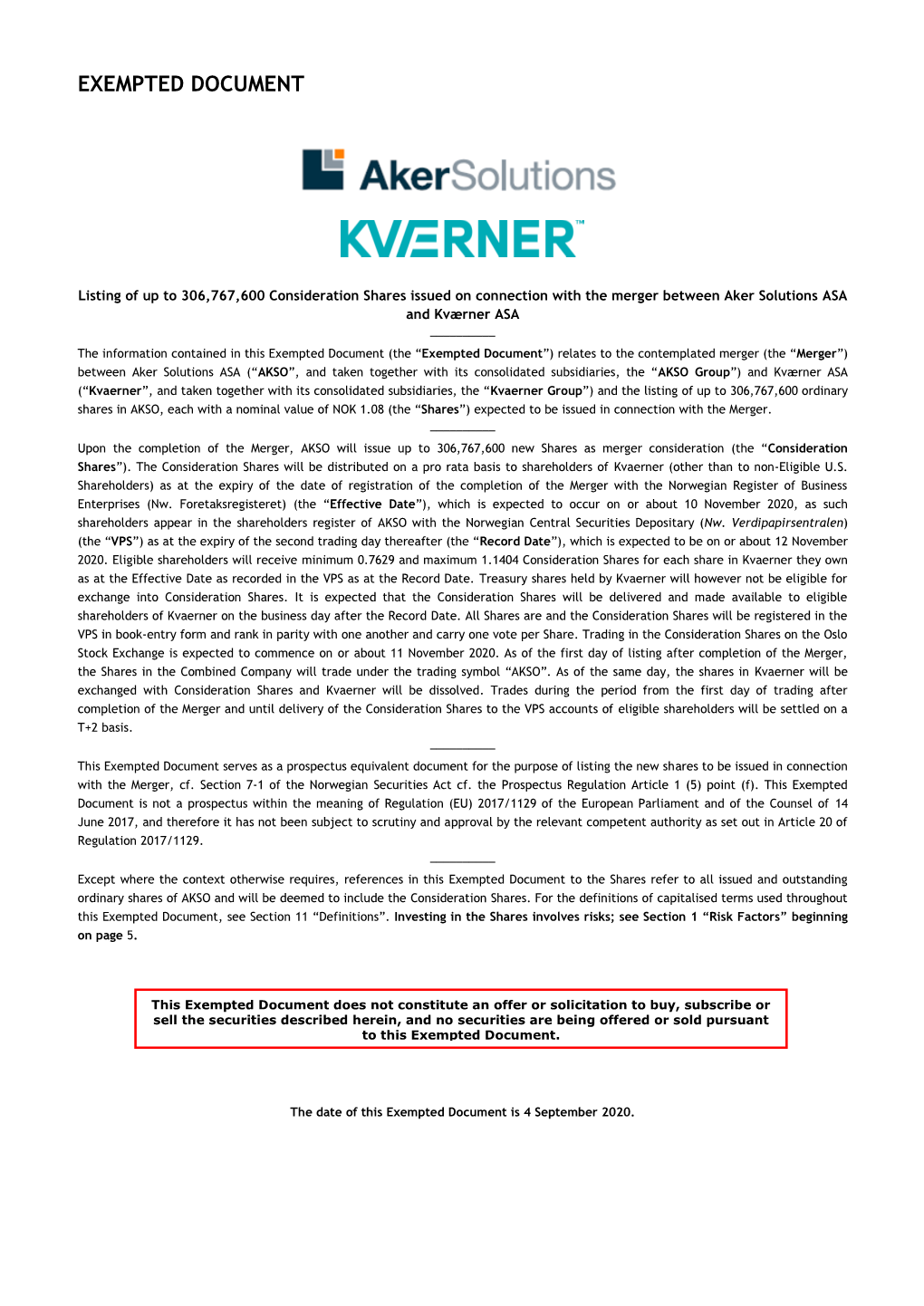 Exempted Document, Aker Solutions and Kvaerner, September 4, 2020