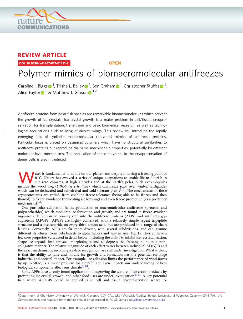 Polymer Mimics of Biomacromolecular Antifreezes