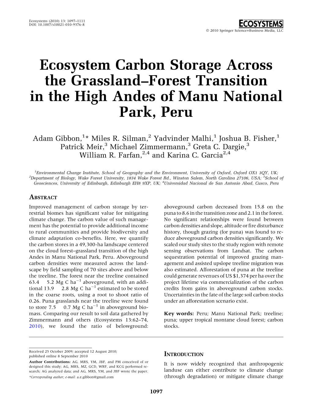 Ecosystem Carbon Storage Across the Grassland–Forest Transition in the High Andes of Manu National Park, Peru