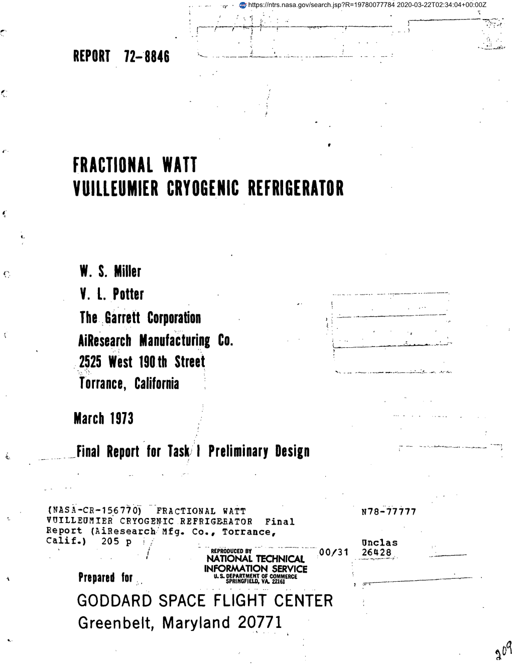 Fractional Watt Vuilleumier Cryogenic Refrigerator