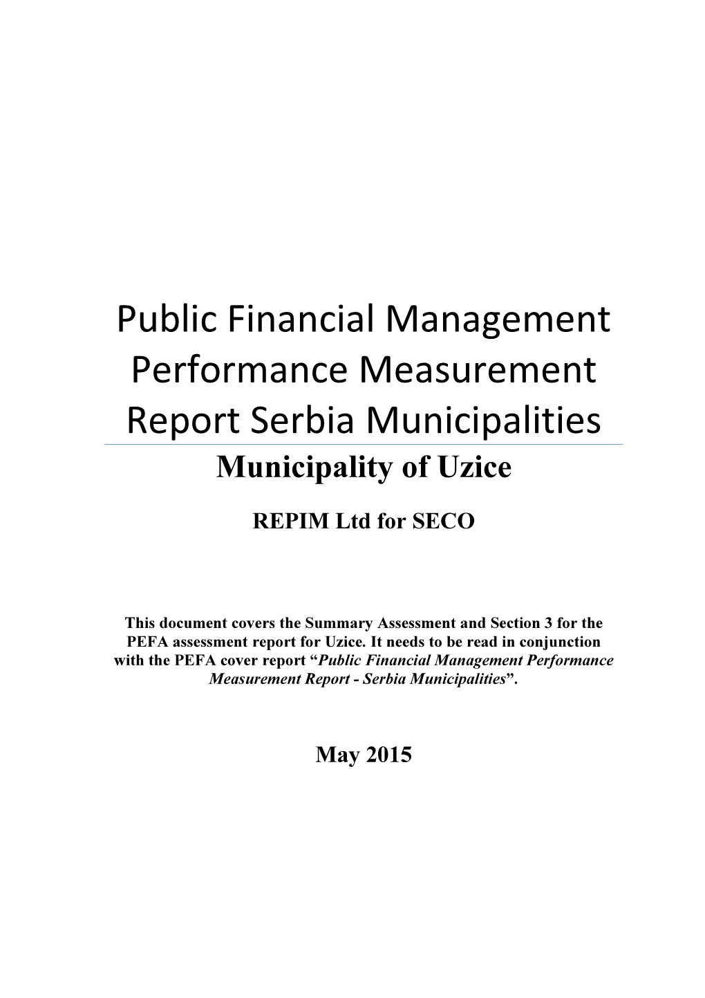 Public Financial Management Performance Measurement Report Serbia Municipalities Municipality of Uzice