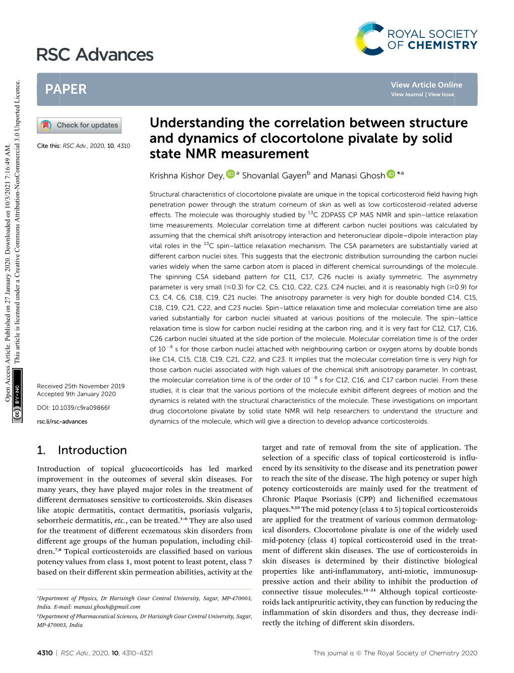 Understanding the Correlation Between Structure and Dynamics of Clocortolone Pivalate by Solid Cite This: RSC Adv., 2020, 10,4310 State NMR Measurement