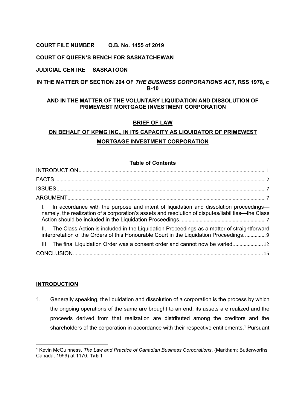 COURT FILE NUMBER Q.B. No. 1455 of 2019 COURT of QUEEN's