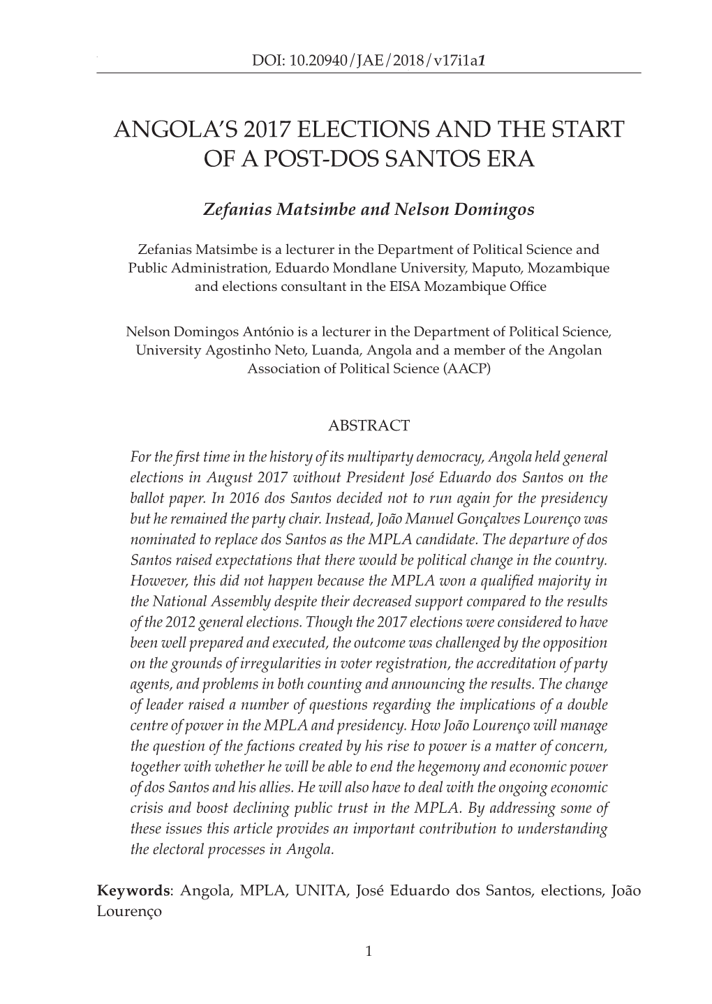 Angola's 2017 Elections and the Start of a Post-Dos Santos