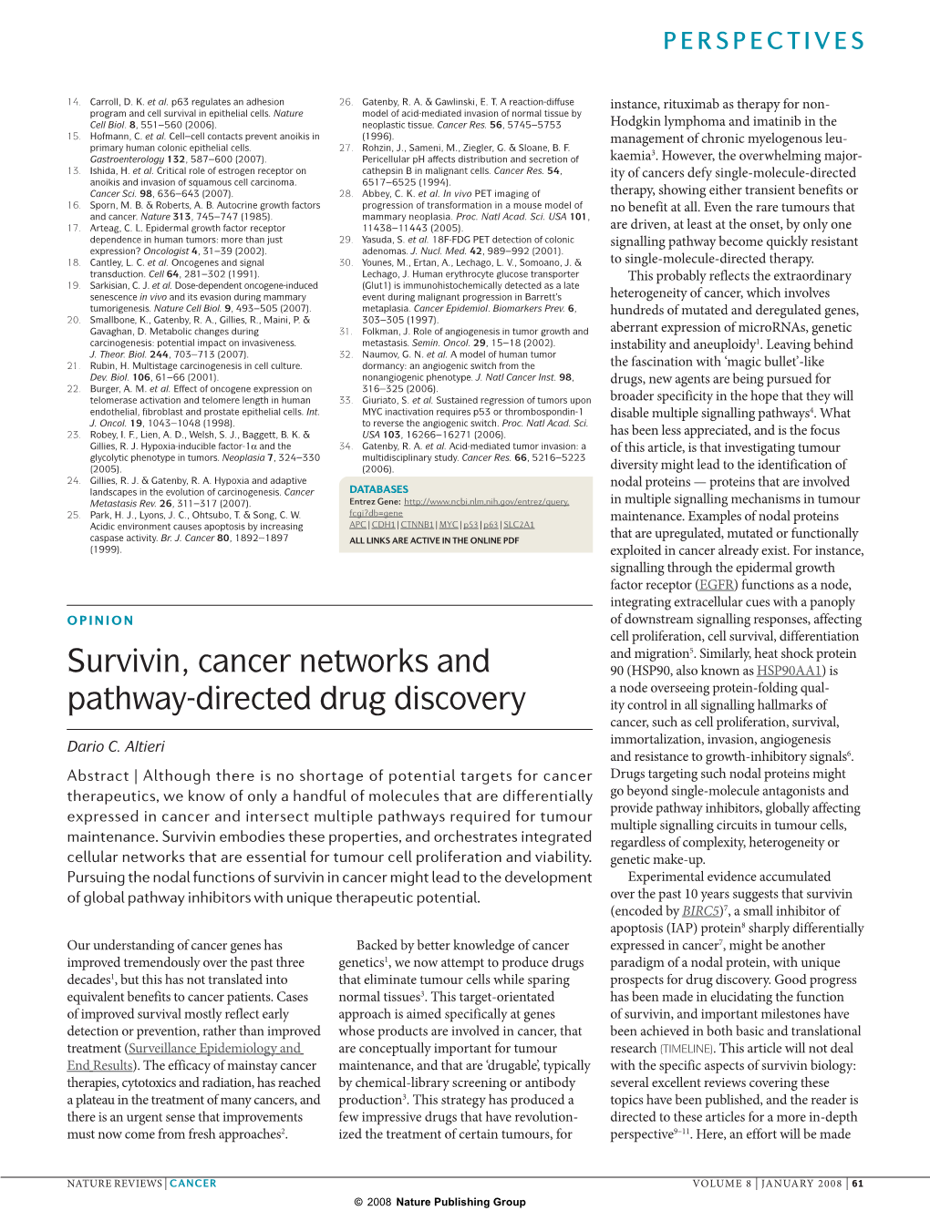 Survivin, Cancer Networks and Pathway-Directed Drug Discovery