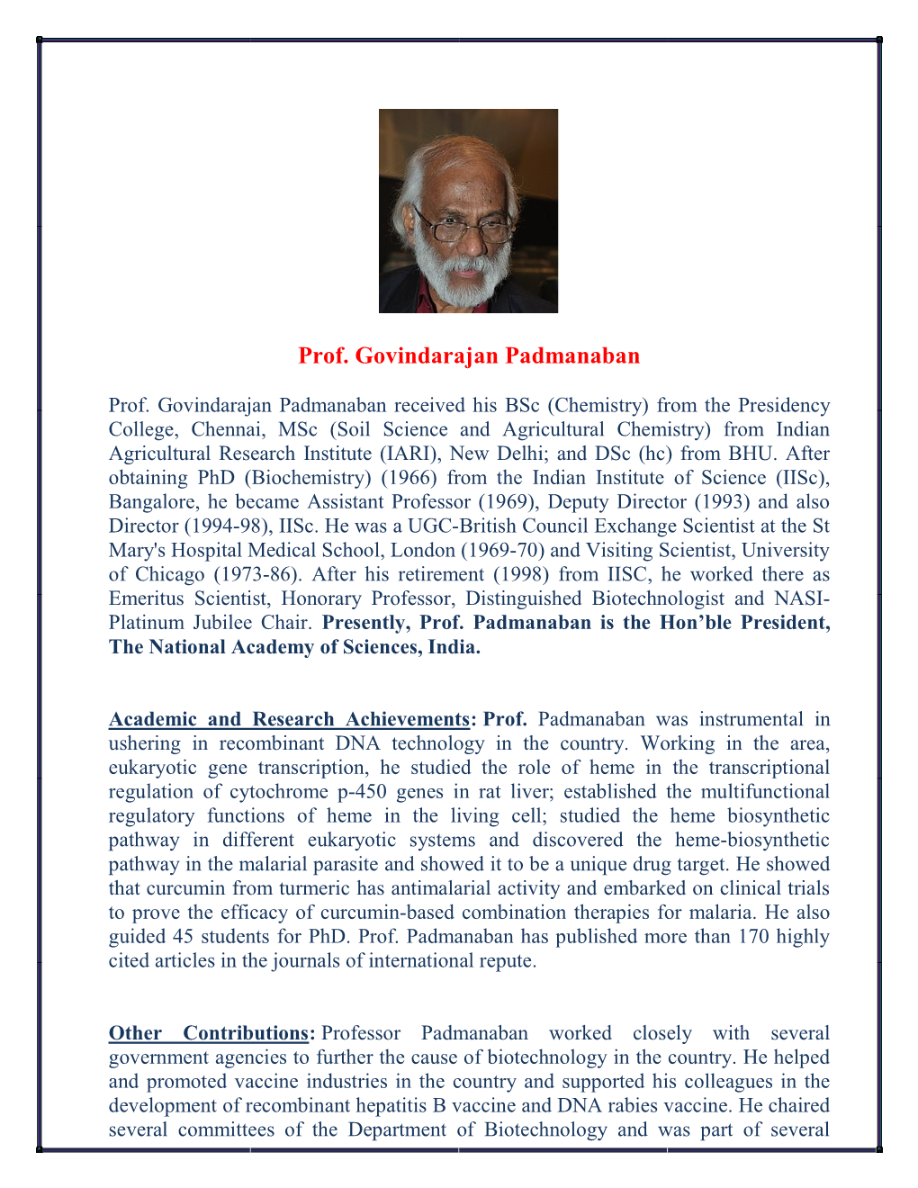 Prof. Govindarajan Padmanaban