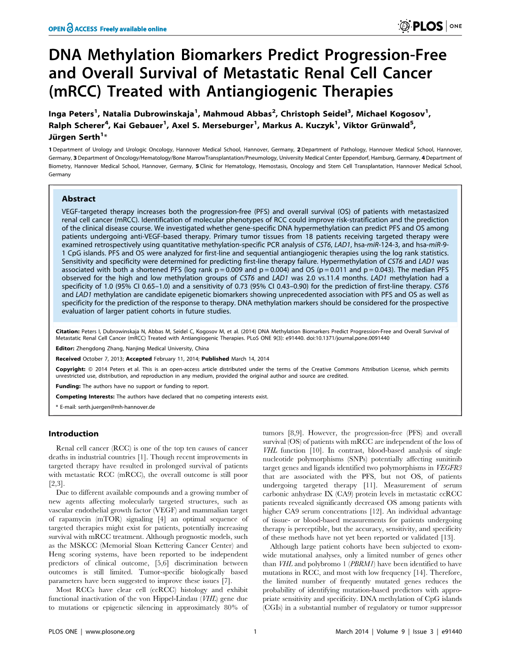 DNA Methylation Biomarkers Predict Progression-Free and Overall Survival of Metastatic Renal Cell Cancer (Mrcc) Treated with Antiangiogenic Therapies
