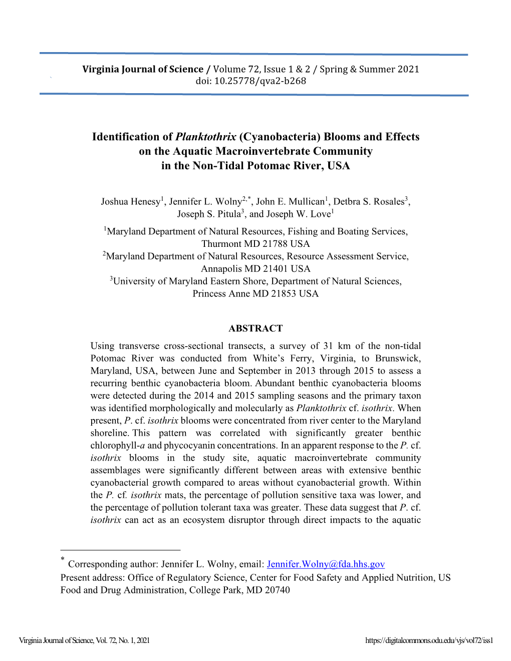 Identification of Planktothrix (Cyanobacteria) Blooms and Effects on the Aquatic Macroinvertebrate Community in the Non-Tidal Potomac River, USA