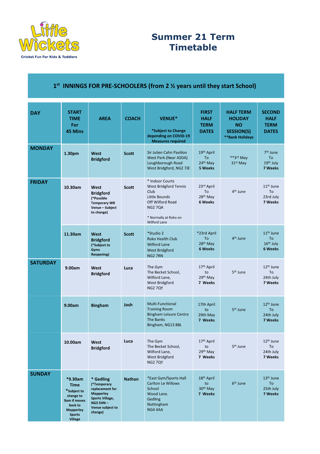 Summer 21 Term Timetable