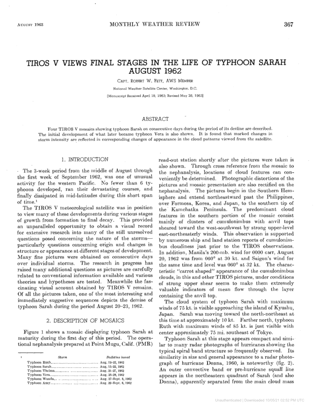 TIROS V VIEWS FINAL STAGES in the LIFE of TYPHOON SARAH AUGUST 1962 CAPT.ROBERT W