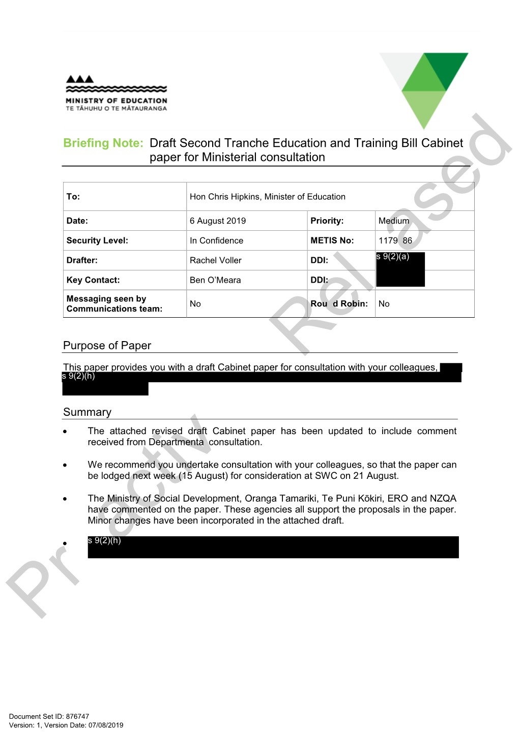 Draft Second Tranche Education and Training Bill Cabinet Paper for Ministerial Consultation