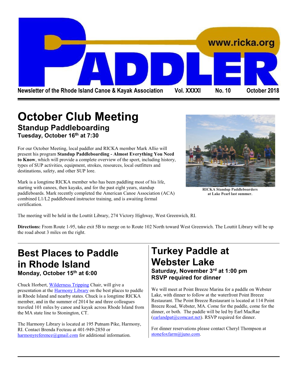 October Club Meeting Standup Paddleboarding Tuesday, October 16Th at 7:30