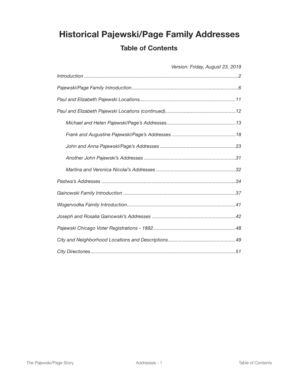 Historical Pajewski/Page Family Addresses Table of Contents