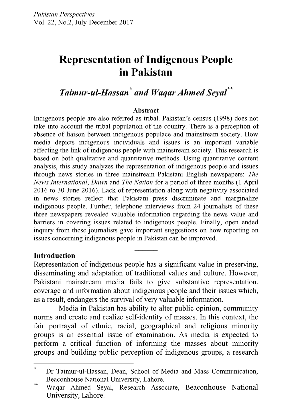 Representation of Indigenous People in Pakistan