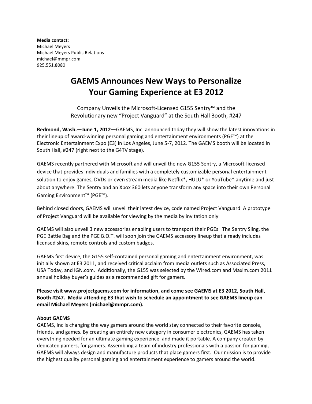 GAEMS Announces New Ways to Personalize Your Gaming Experience at E3 2012