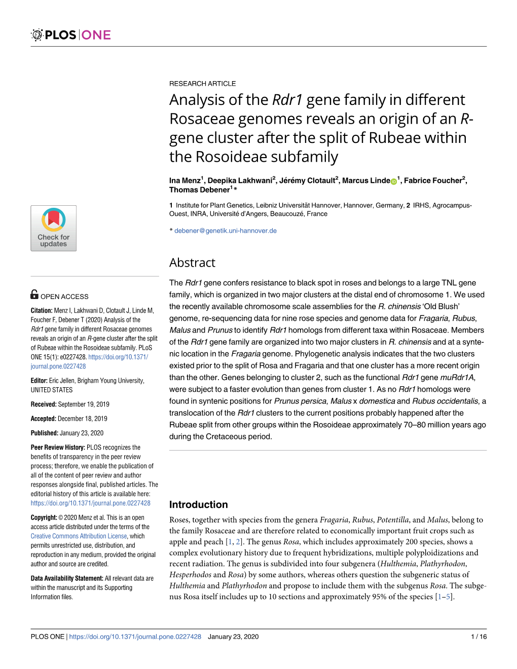 Analysis of the Rdr1 Gene Family in Different Rosaceae Genomes Reveals an Origin of an R- Gene Cluster After the Split of Rubeae Within the Rosoideae Subfamily