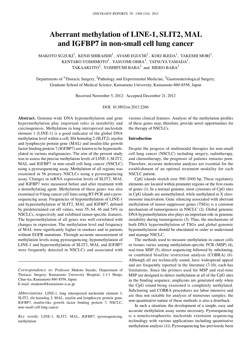 Aberrant Methylation of LINE-1, SLIT2, MAL and IGFBP7 in Non-Small Cell Lung Cancer