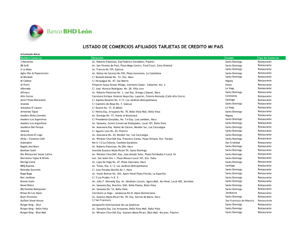 LISTADO DE COMERCIOS AFILIADOS TARJETAS DE CREDITO MI PAIS -.:Banco BHD León