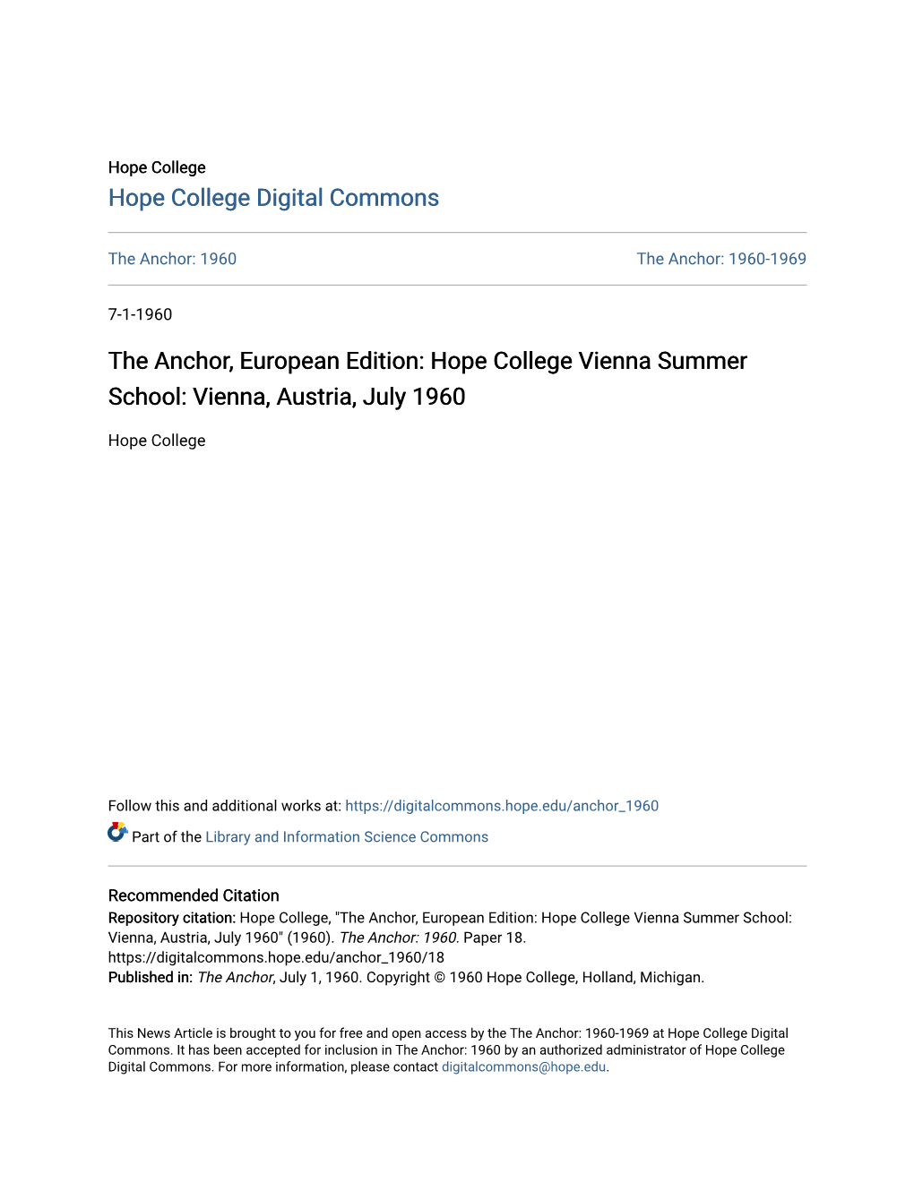The Anchor, European Edition: Hope College Vienna Summer School: Vienna, Austria, July 1960