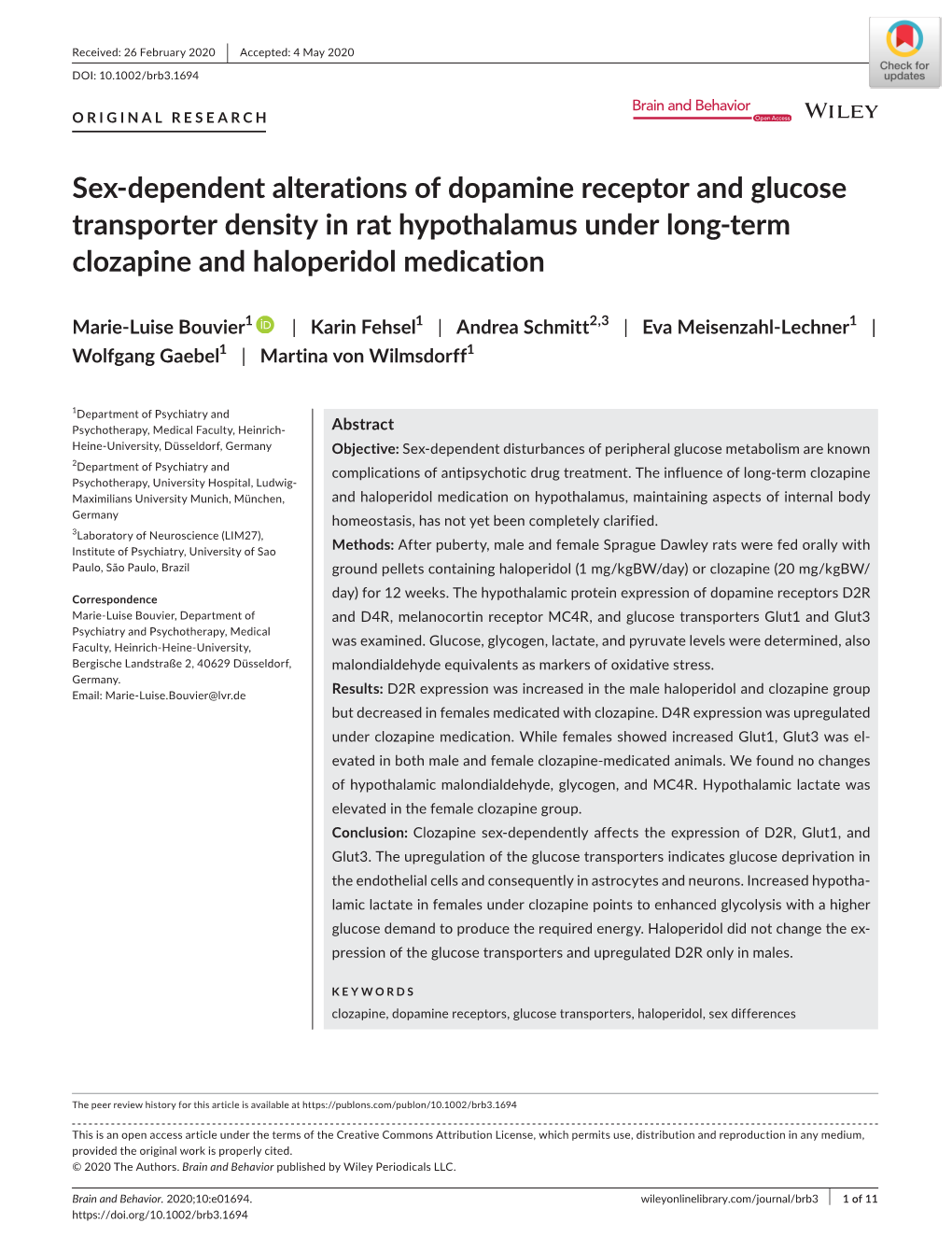 Sex‐Dependent Alterations of Dopamine Receptor and Glucose