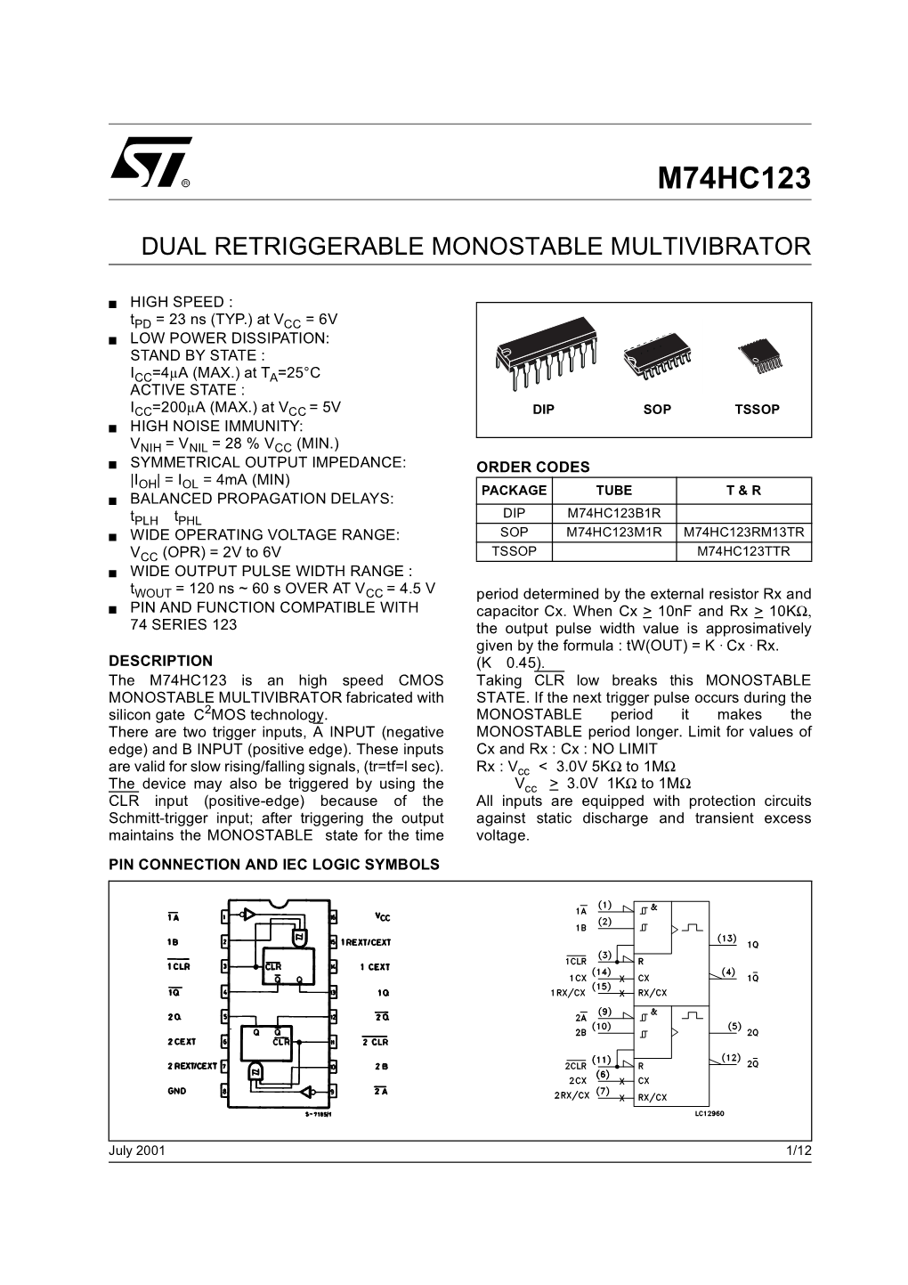 Dual Retriggerable Monostable Multivibrator