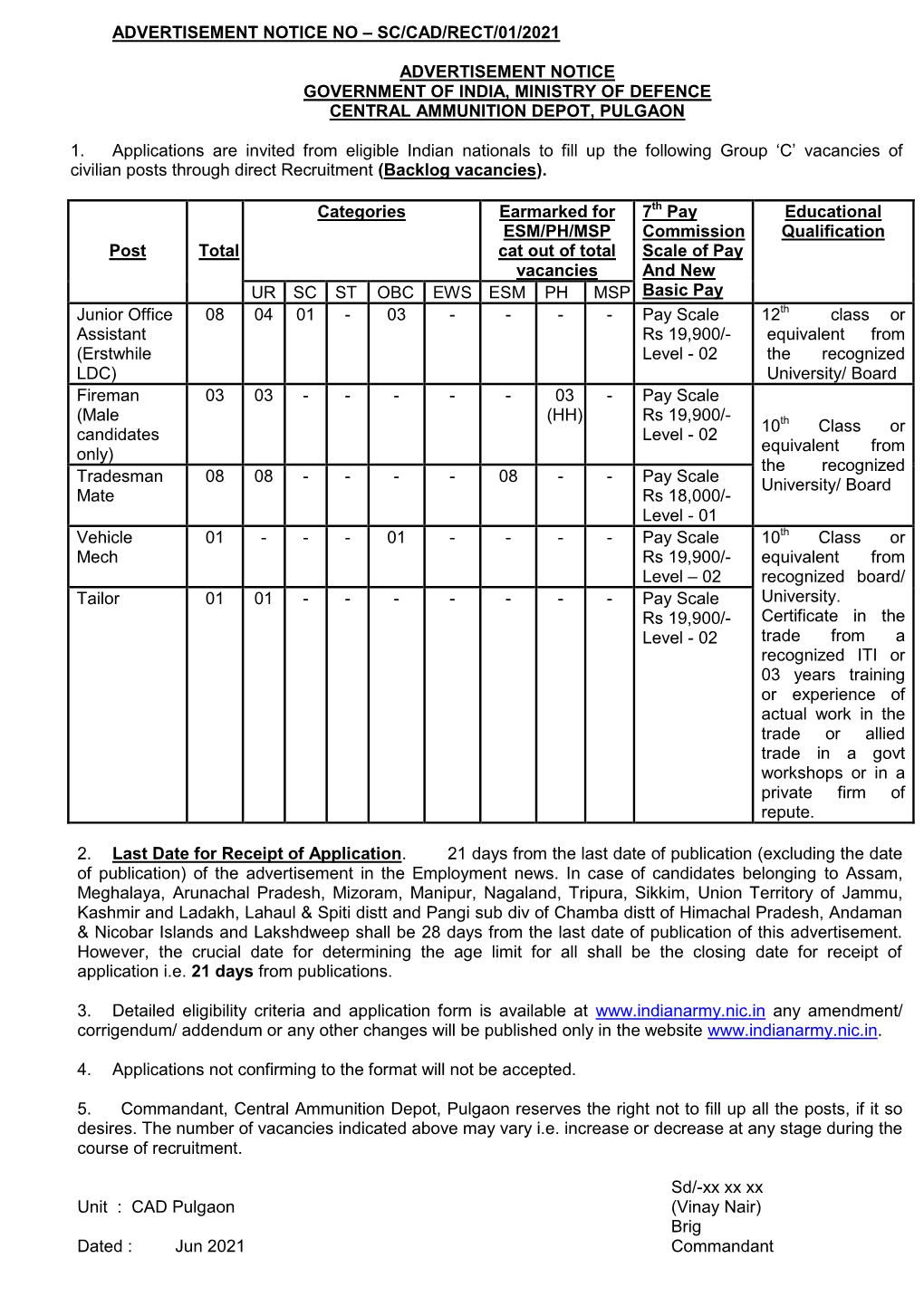 Sc/Cad/Rect/01/2021 Advertisement