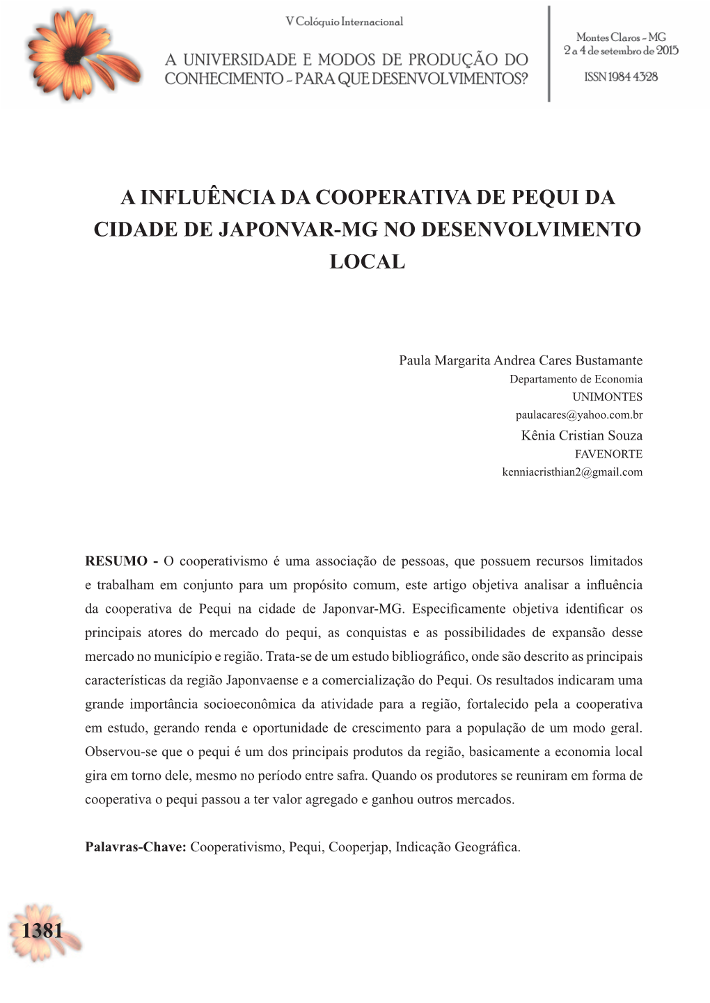 A Influência Da Cooperativa De Pequi Da Cidade De Japonvar-Mg No Desenvolvimento Local