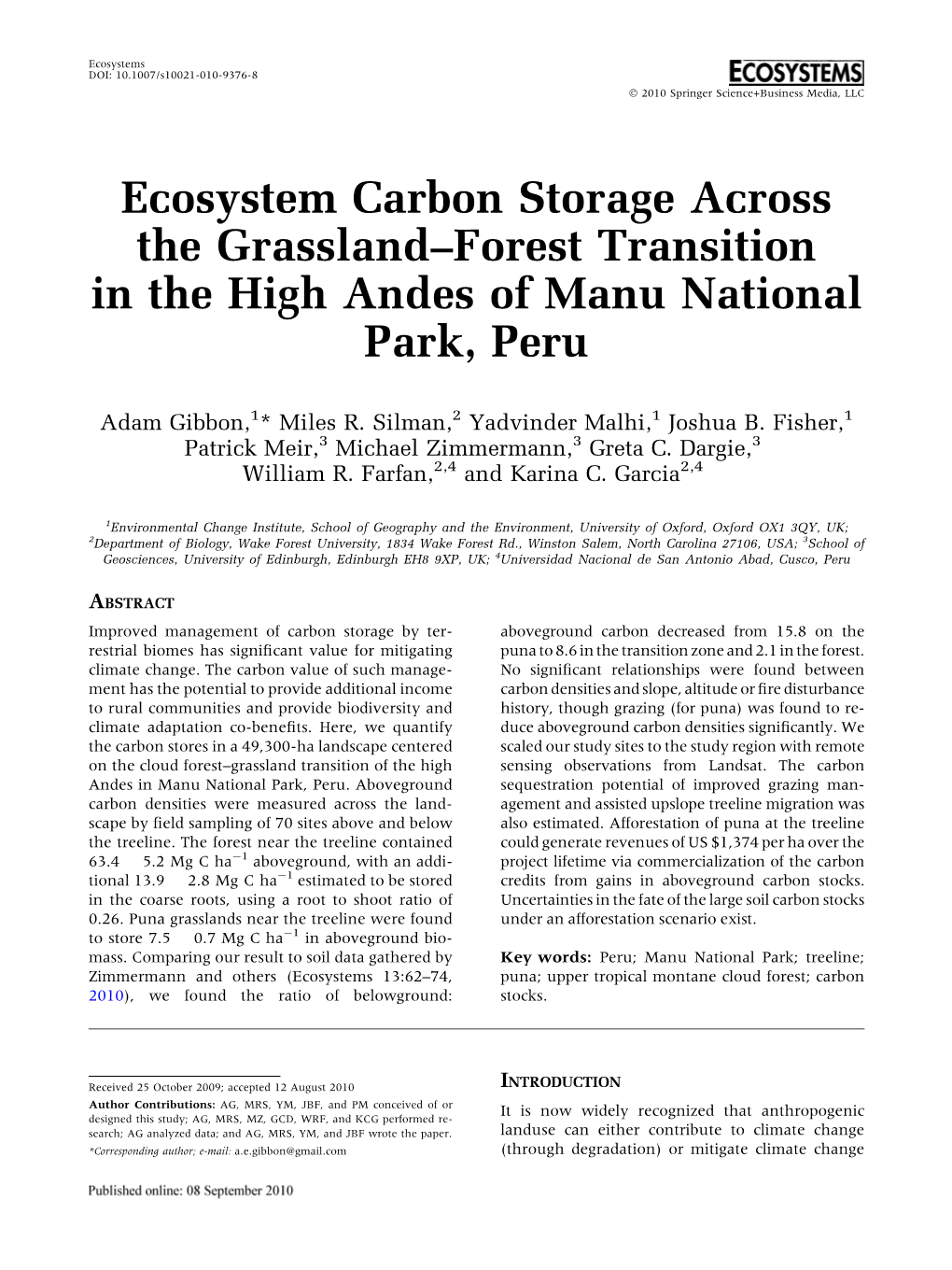 Ecosystem Carbon Storage Across the Grassland–Forest Transition in the High Andes of Manu National Park, Peru