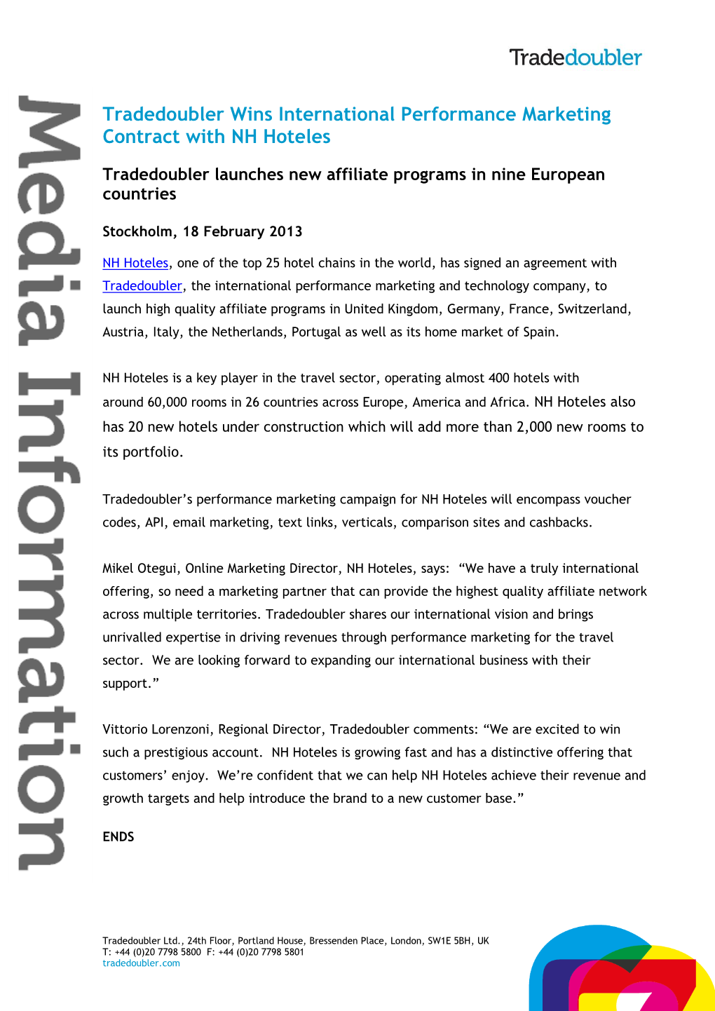 Tradedoubler Wins International Performance Marketing Contract with NH Hoteles