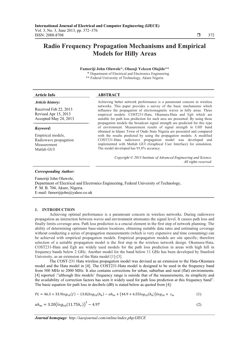 Radio Frequency Propagation Mechanisms and Empirical Models for Hilly Areas