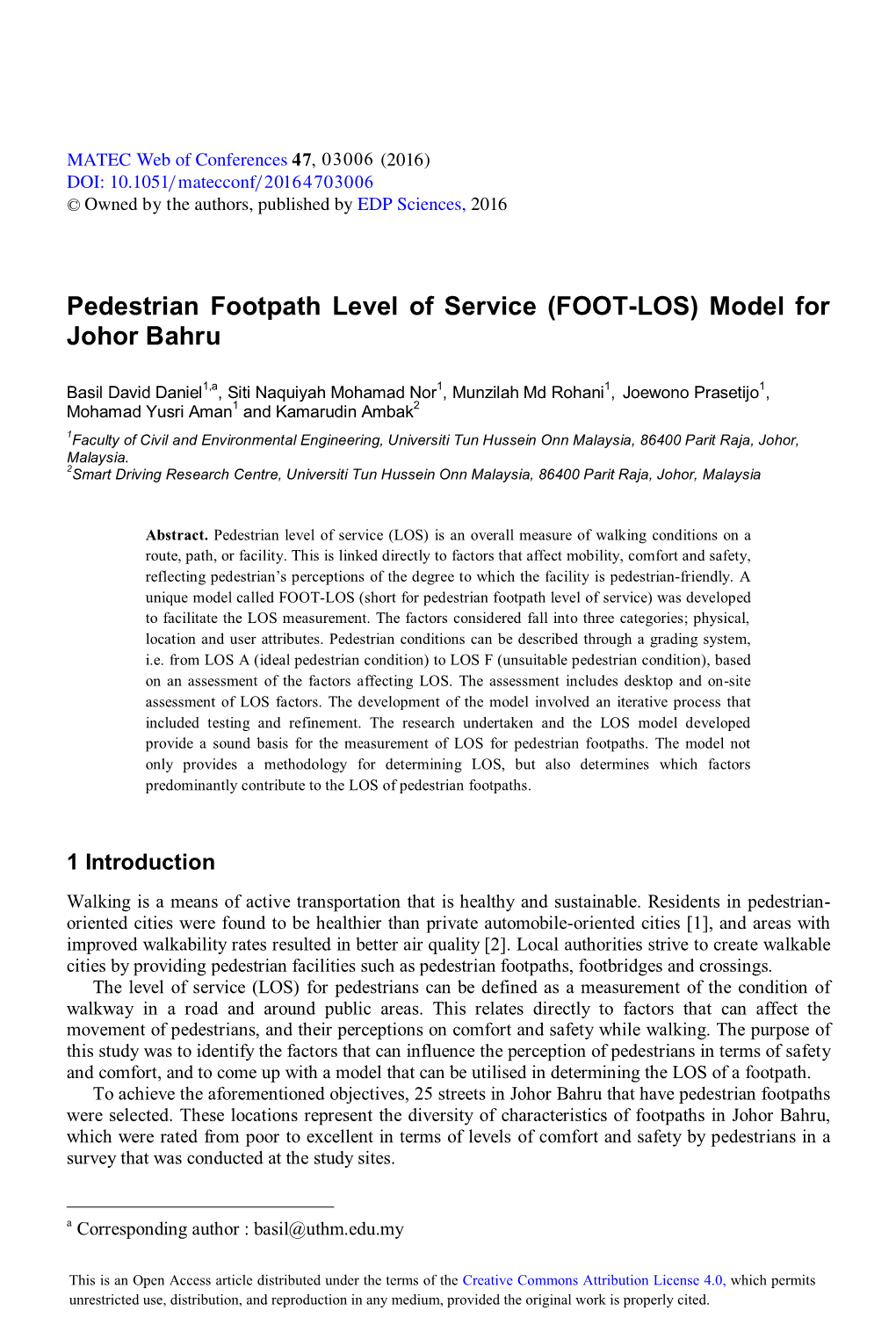 Pedestrian Footpath Level of Service (FOOT-LOS) Model for Johor Bahru