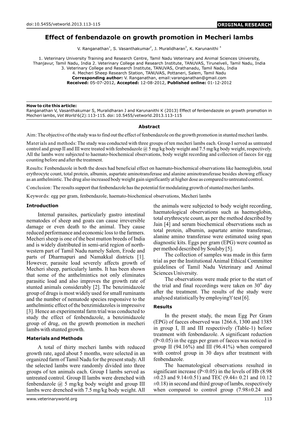 Effect of Fenbendazole on Growth Promotion in Mecheri Lambs