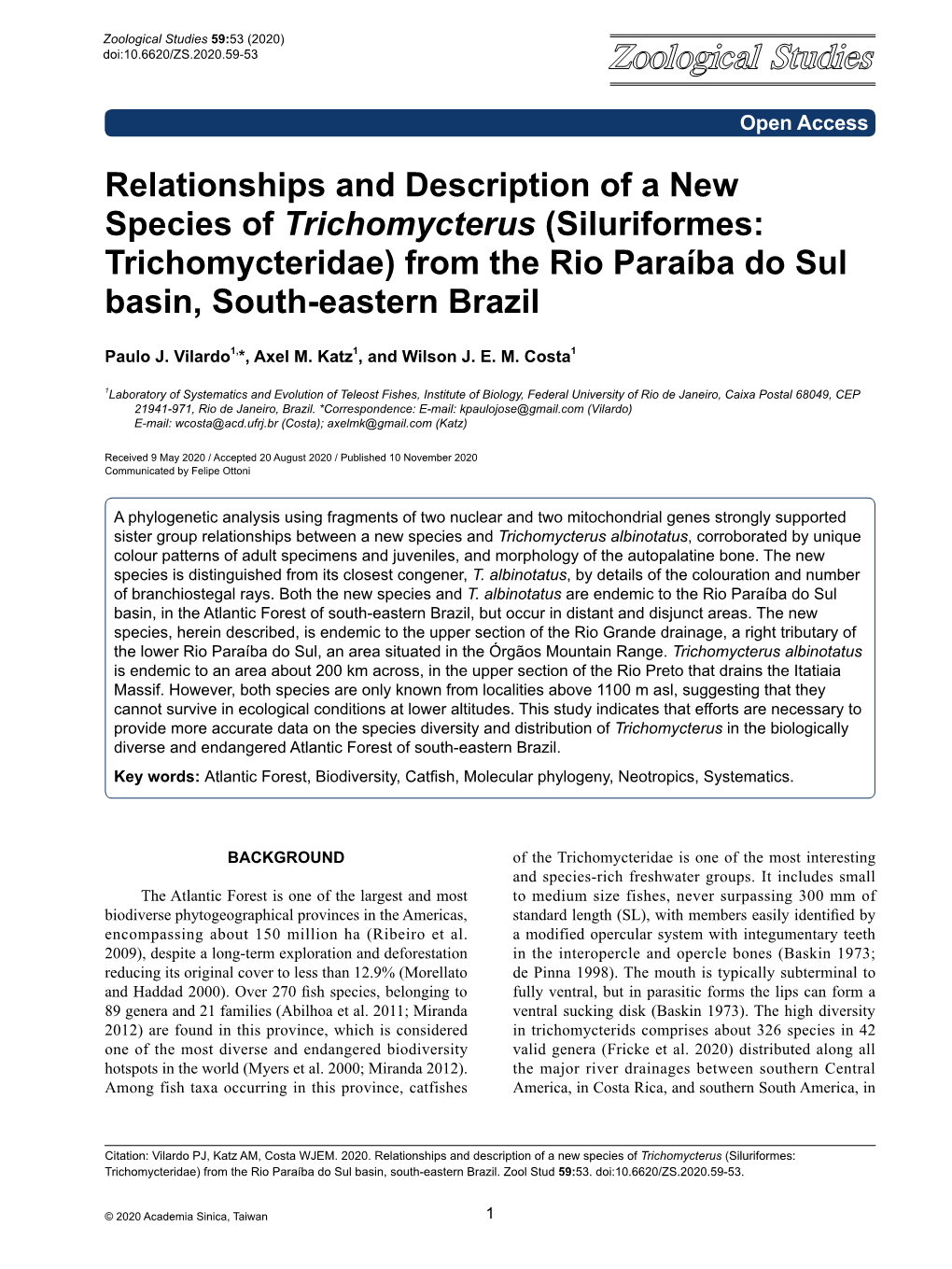 Relationships and Description of a New Species of Trichomycterus (Siluriformes: Trichomycteridae) from the Rio Paraíba Do Sul Basin, South-Eastern Brazil