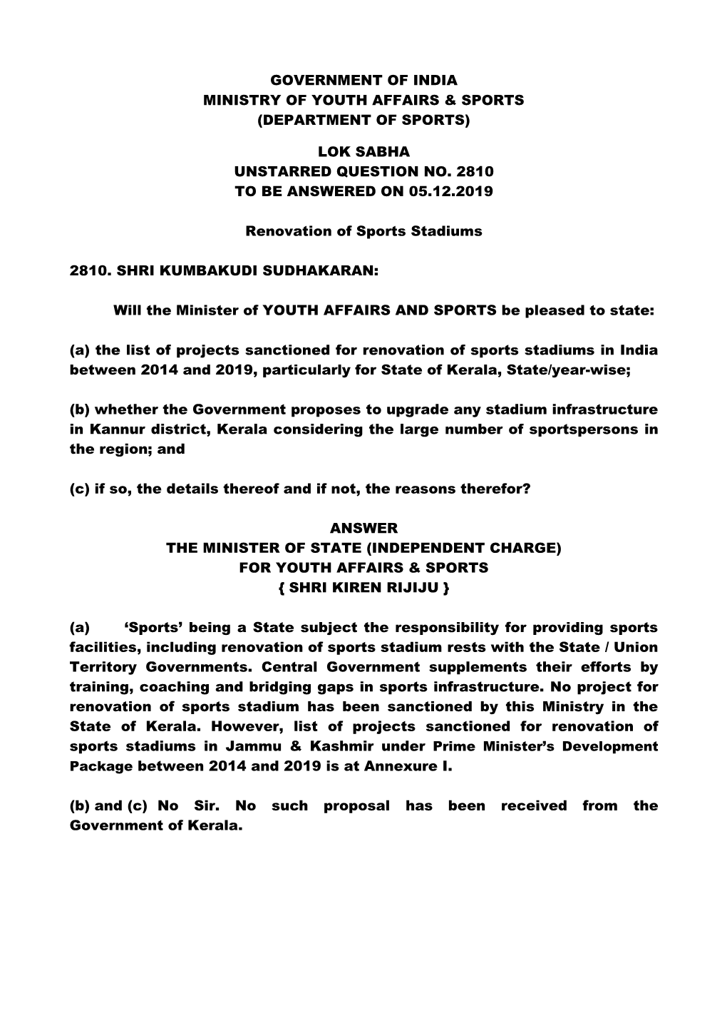 Lok Sabha Unstarred Question No. 2810 to Be Answered on 05.12.2019