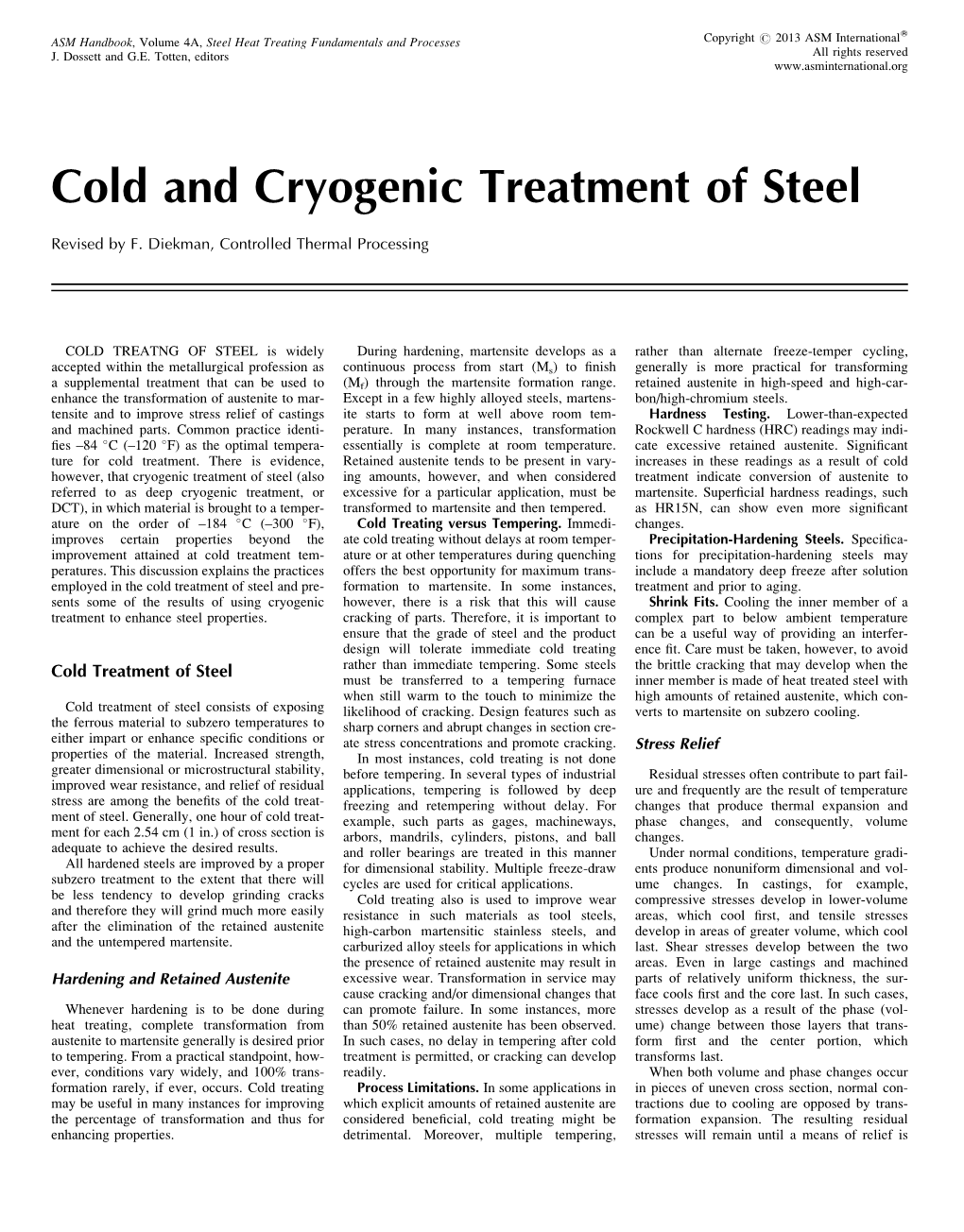 Cold and Cryogenic Treatment of Steel