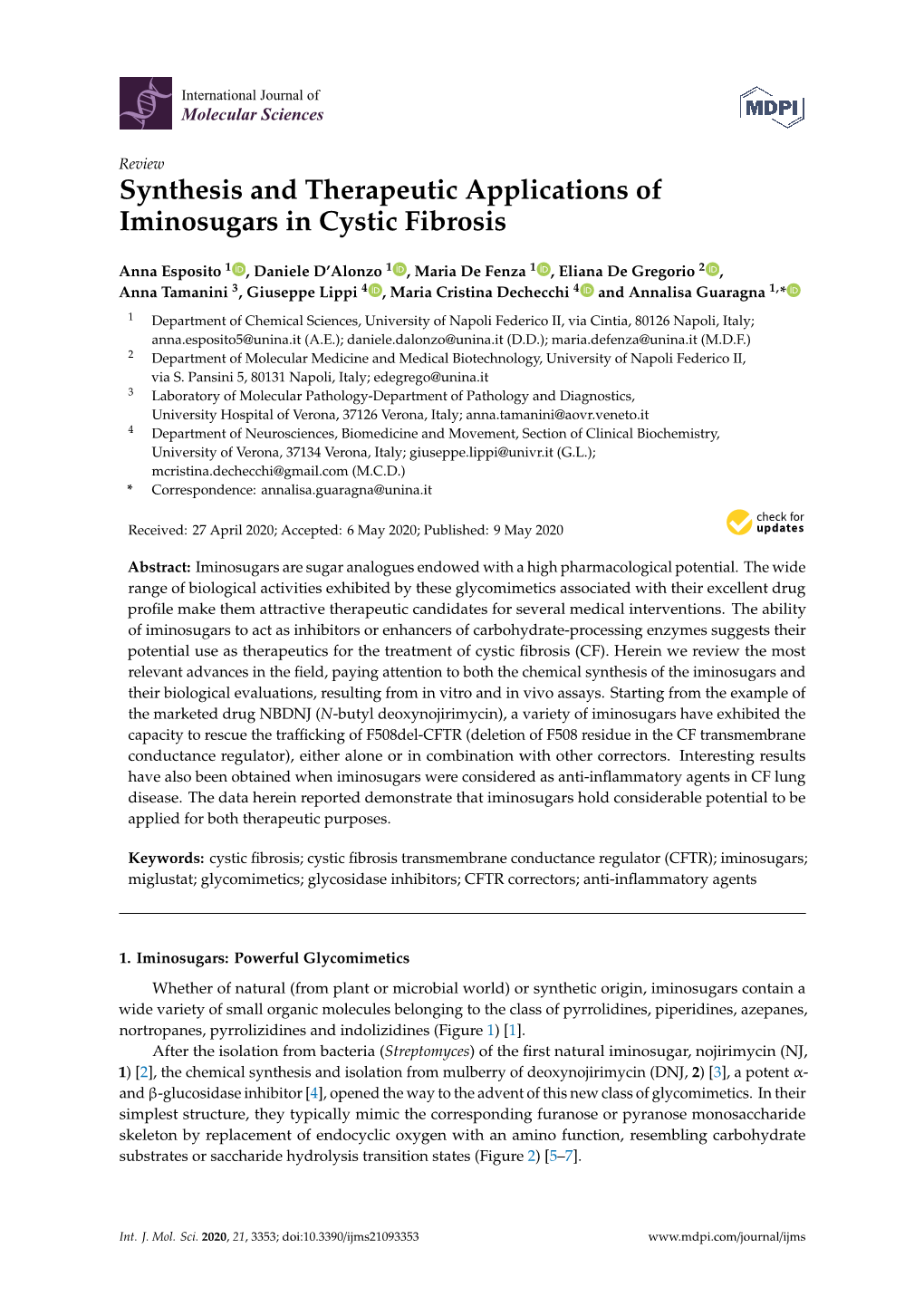 Synthesis and Therapeutic Applications of Iminosugars in Cystic Fibrosis