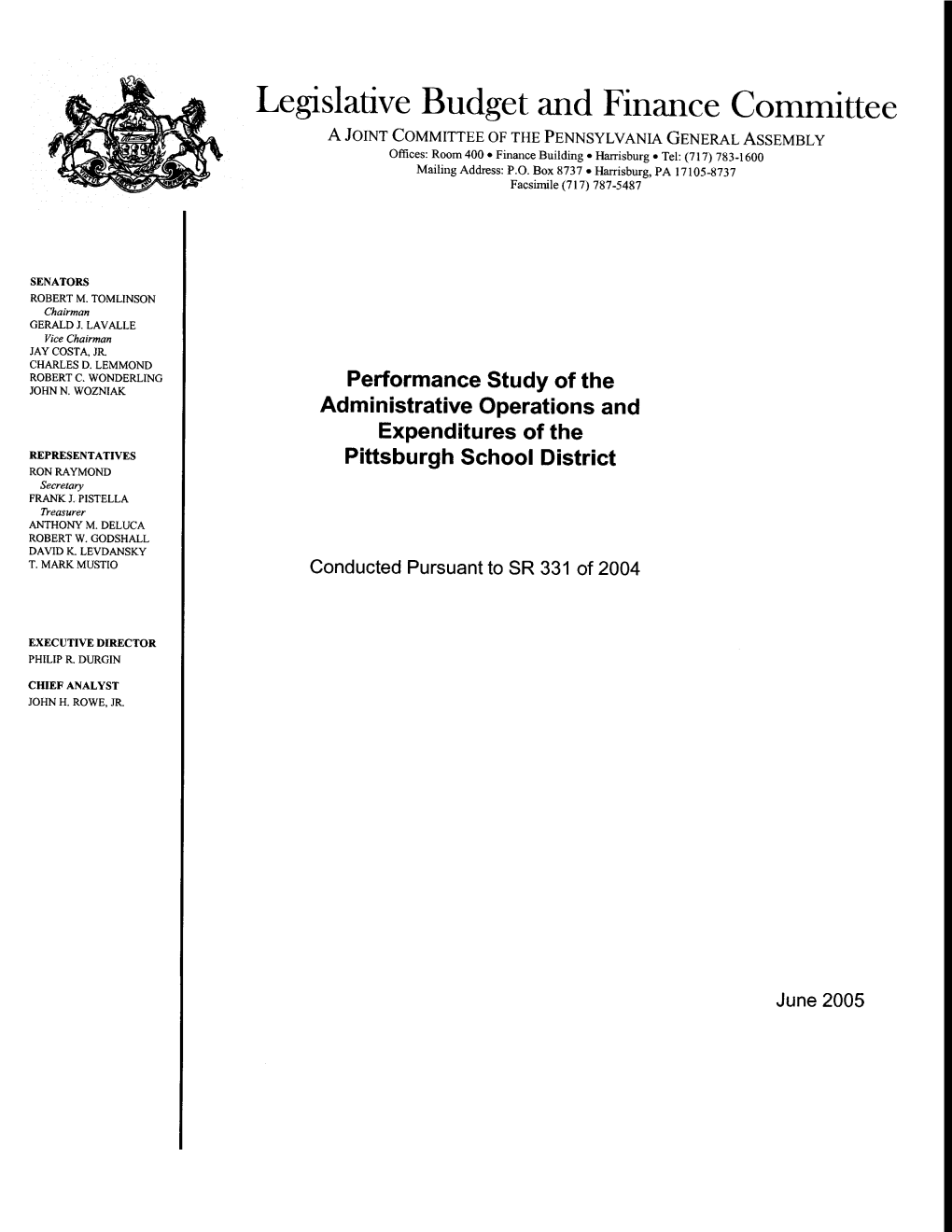 Performance Study of the Administrative Operations and Expenditures of the Pittsburgh School District