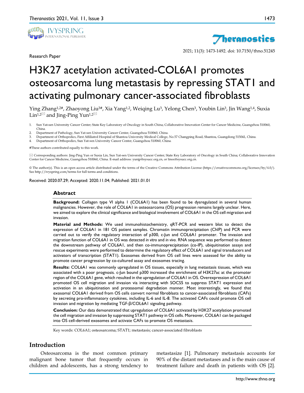 Theranostics H3K27 Acetylation Activated-COL6A1 Promotes