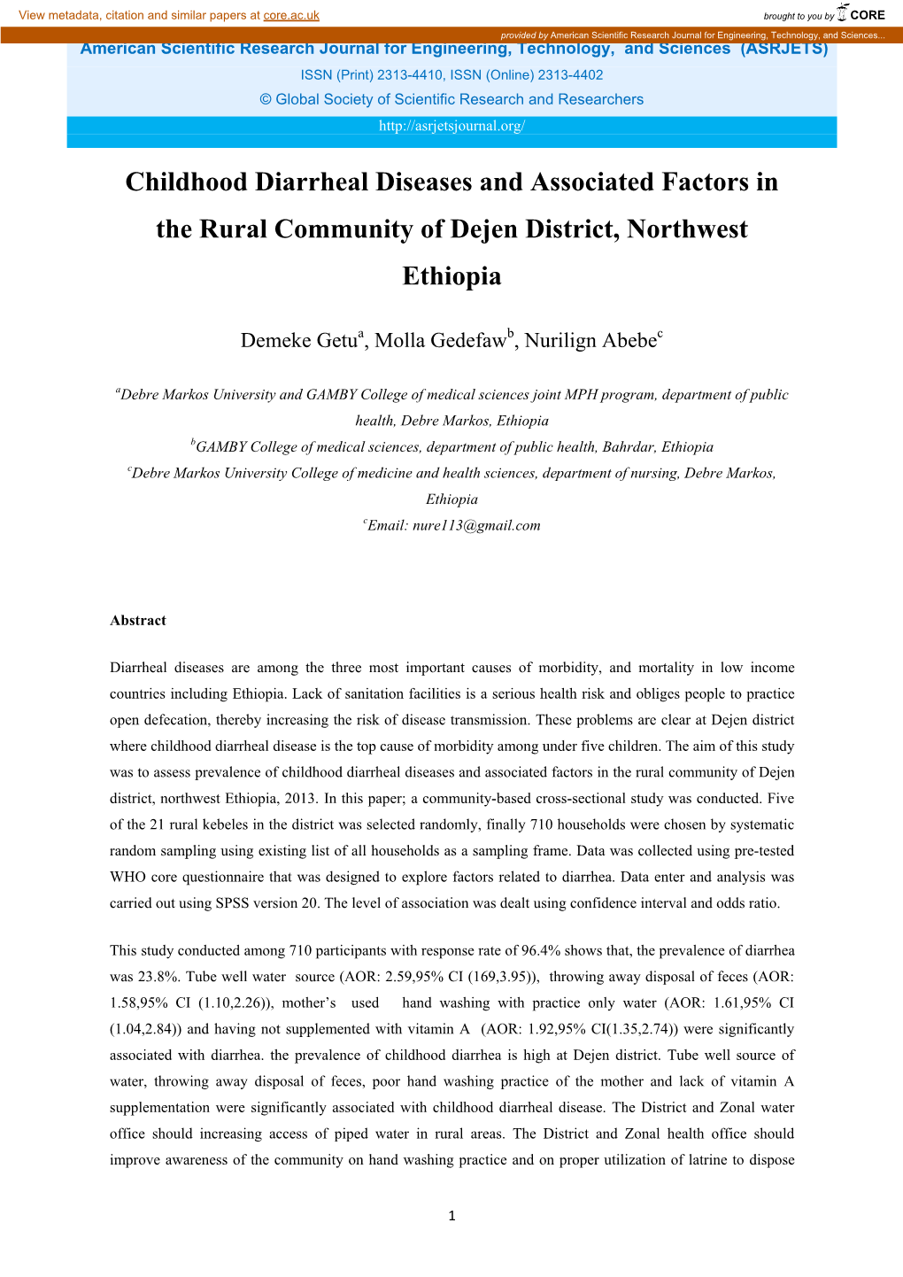 Childhood Diarrheal Diseases and Associated Factors in the Rural Community of Dejen District, Northwest Ethiopia