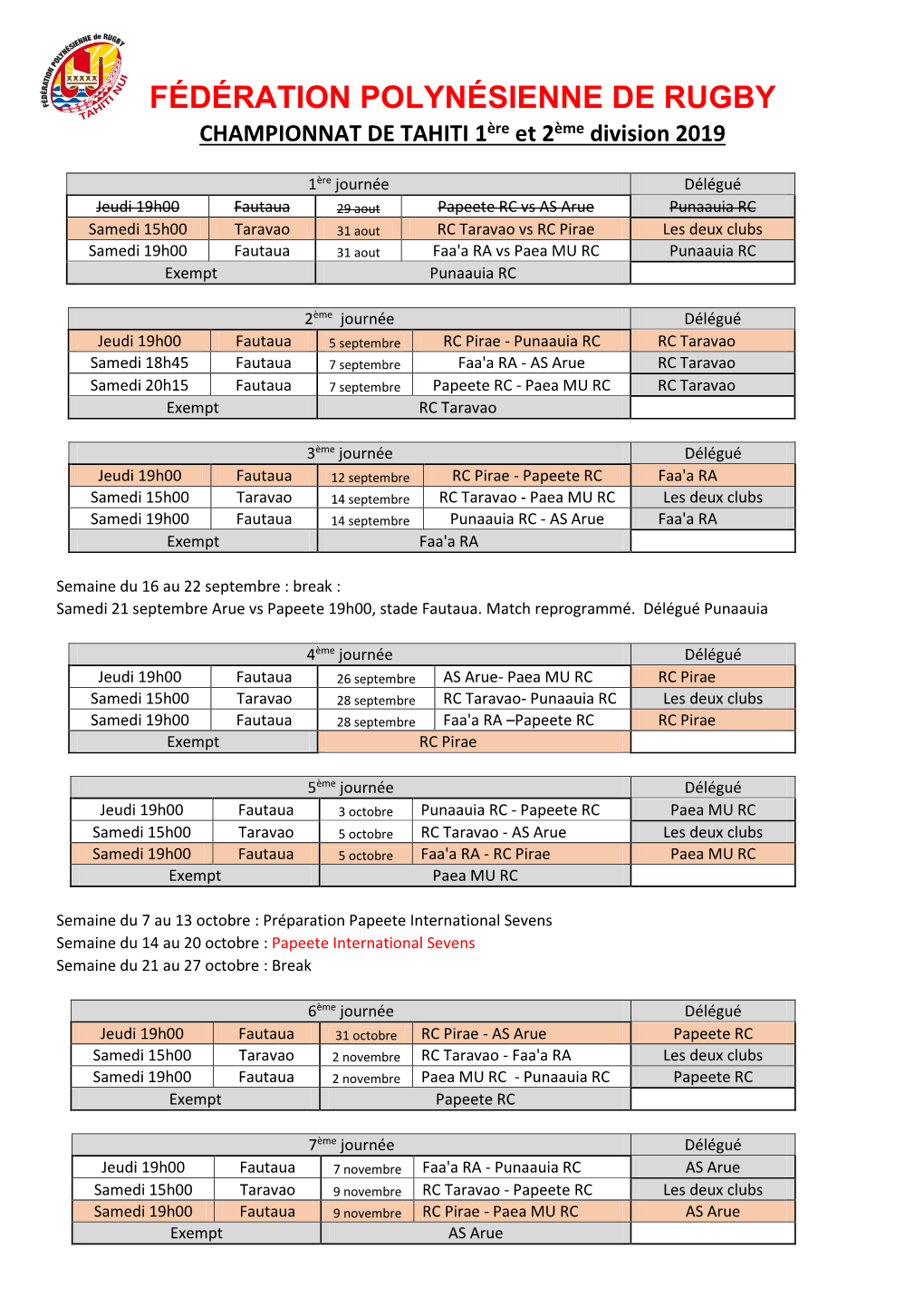 Calendrier Championnat 2019.Pdf