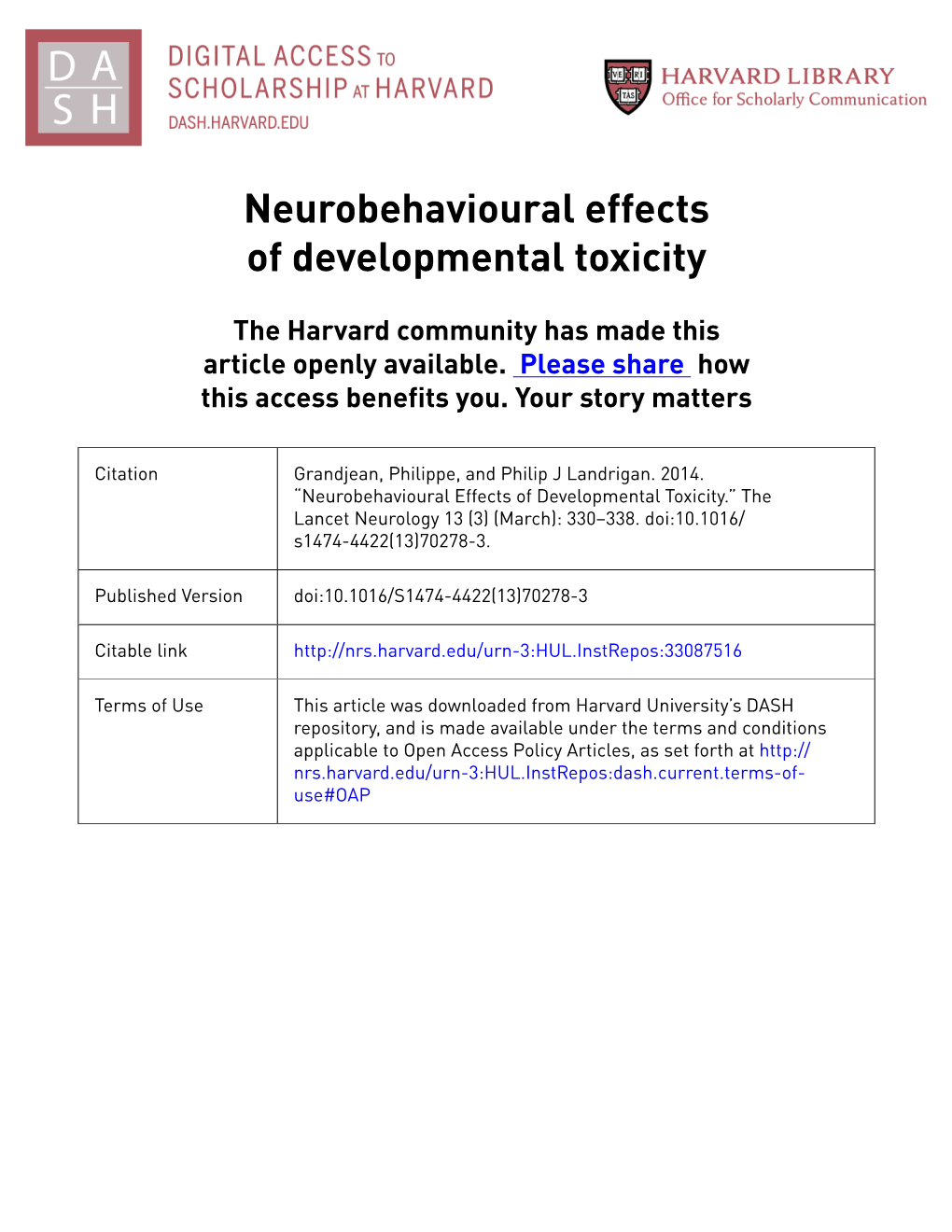 Neurobehavioural Effects of Developmental Toxicity
